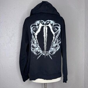 Dawn of Ashes Med distressed black hoodie zip doesn't work holes Goth Industrial